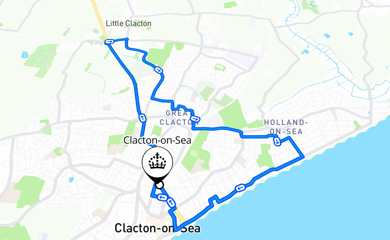Clacton-on-Sea driving test route #1841 map - ENG United Kingdom