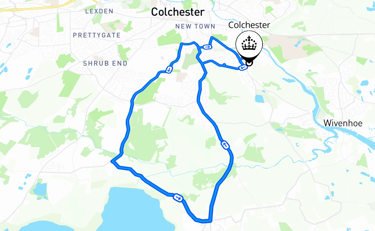 Colchester driving test route #385 map - ENG United Kingdom