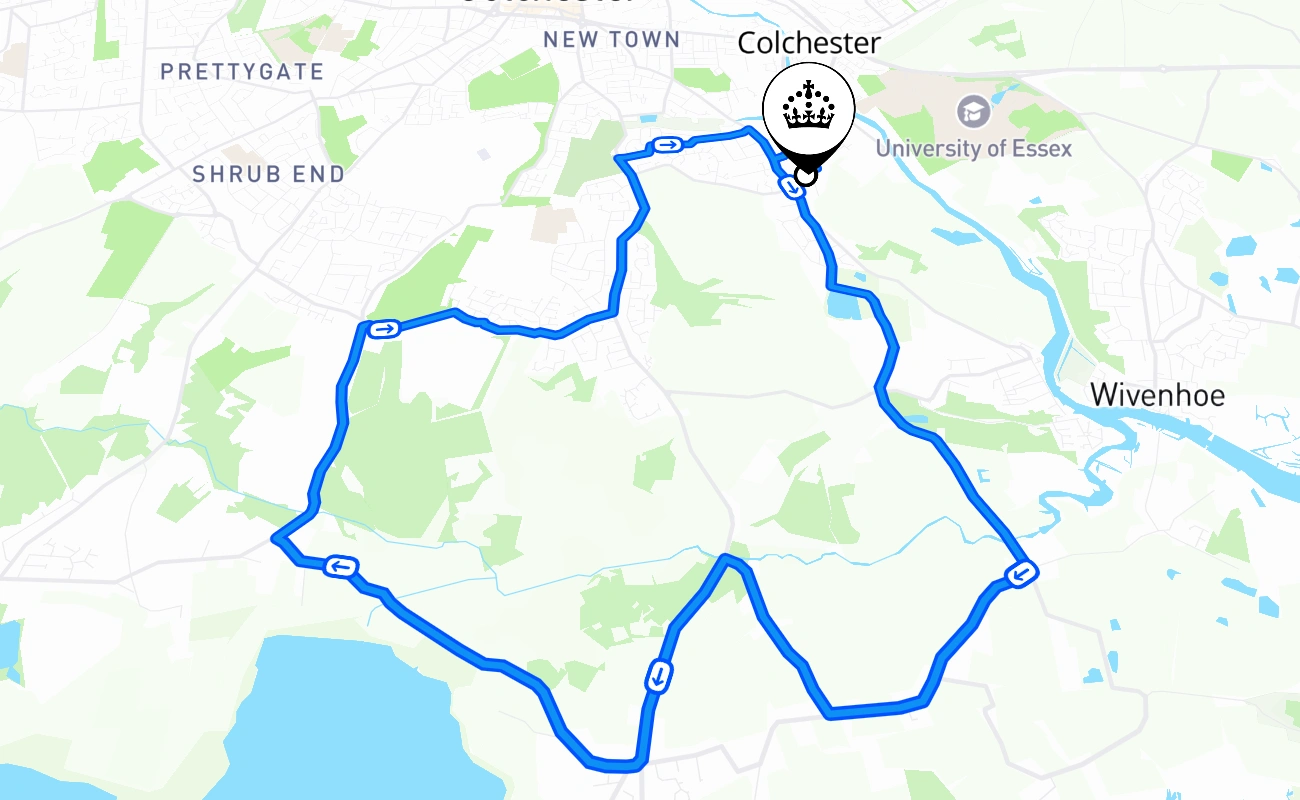 Colchester driving test route #386 map - ENG United Kingdom