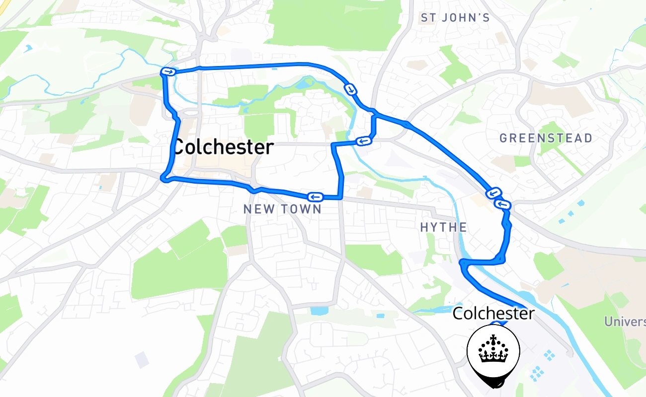 Colchester driving test route #387 map - ENG United Kingdom
