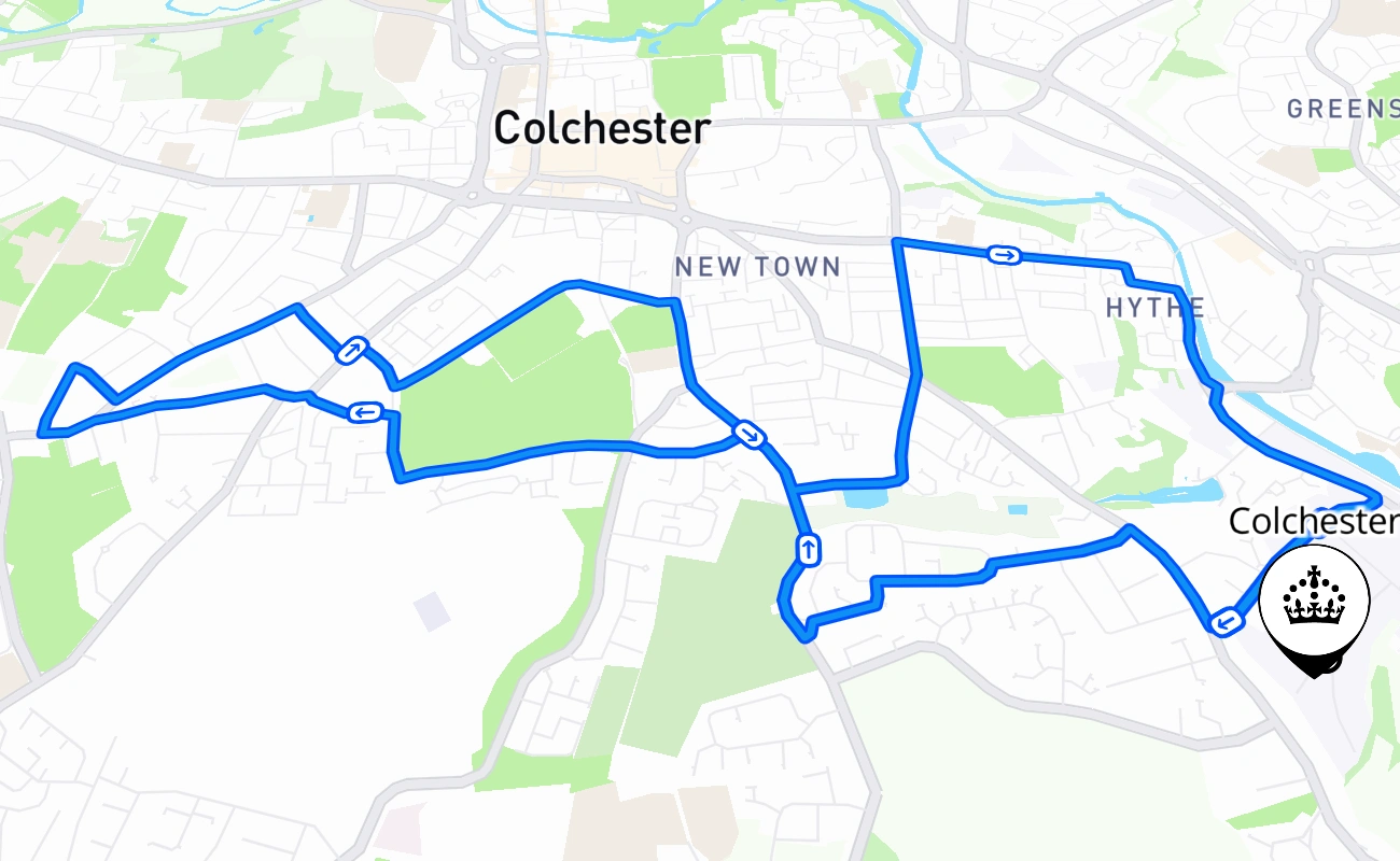 Colchester driving test route #388 map - ENG United Kingdom