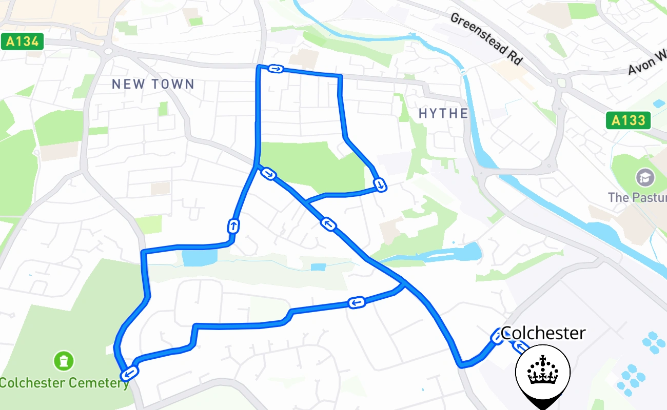 Colchester driving test route #389 map - ENG United Kingdom