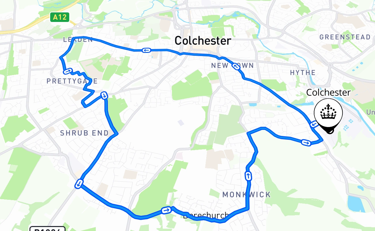Colchester driving test route #391 map - ENG United Kingdom