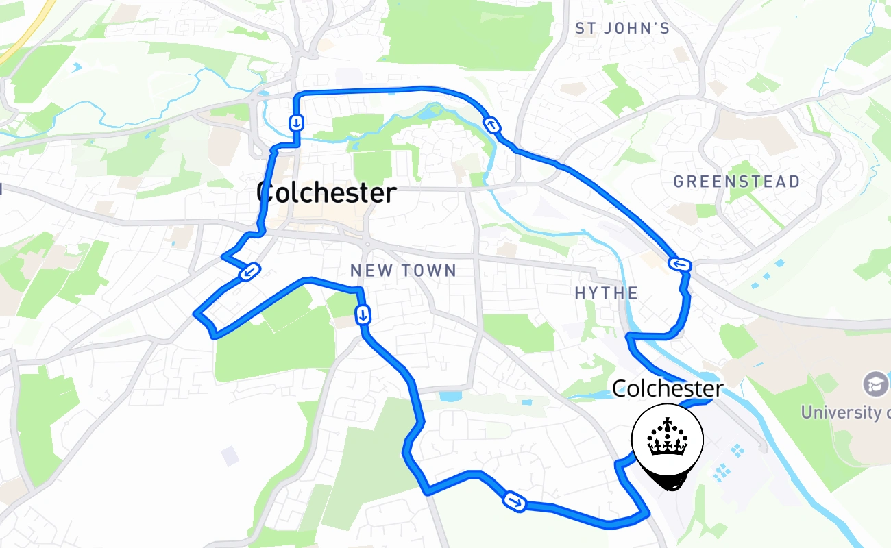 Colchester driving test route #392 map - ENG United Kingdom