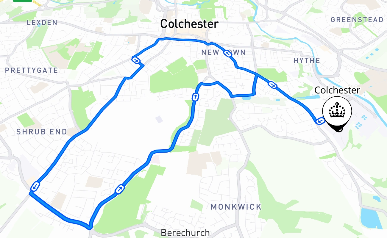 Colchester driving test route #393 map - ENG United Kingdom