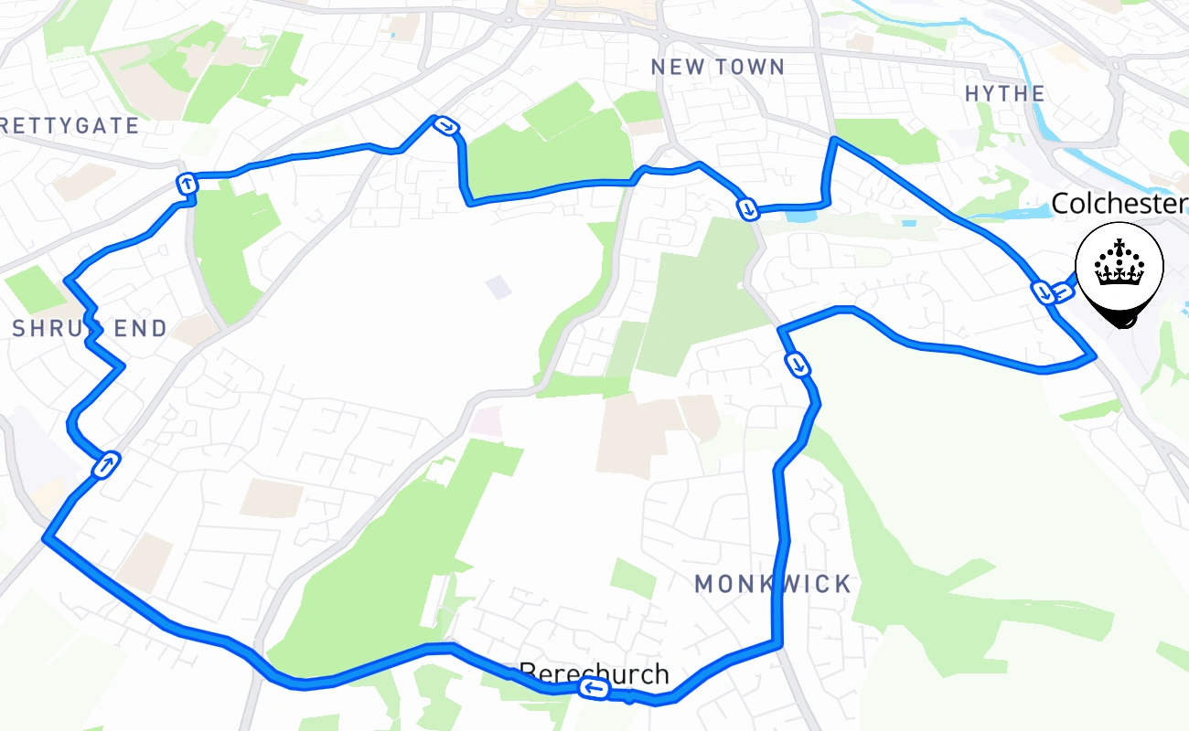 Colchester driving test route #397 map - ENG United Kingdom