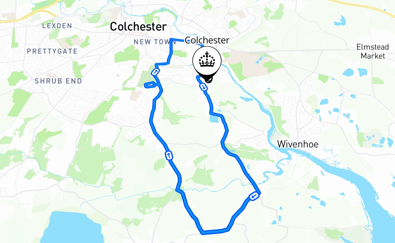 Colchester driving test route #398 map - ENG United Kingdom