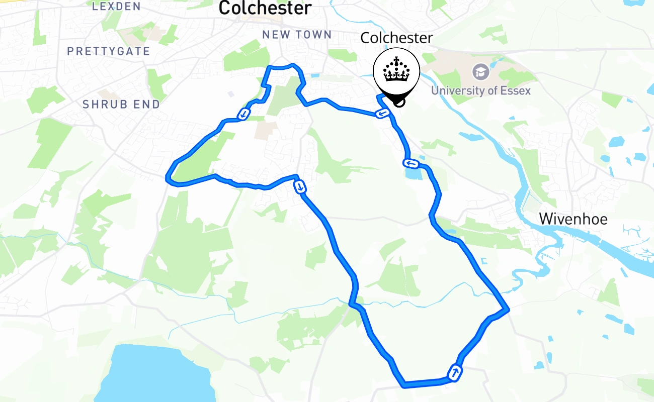 Colchester driving test route #399 map - ENG United Kingdom
