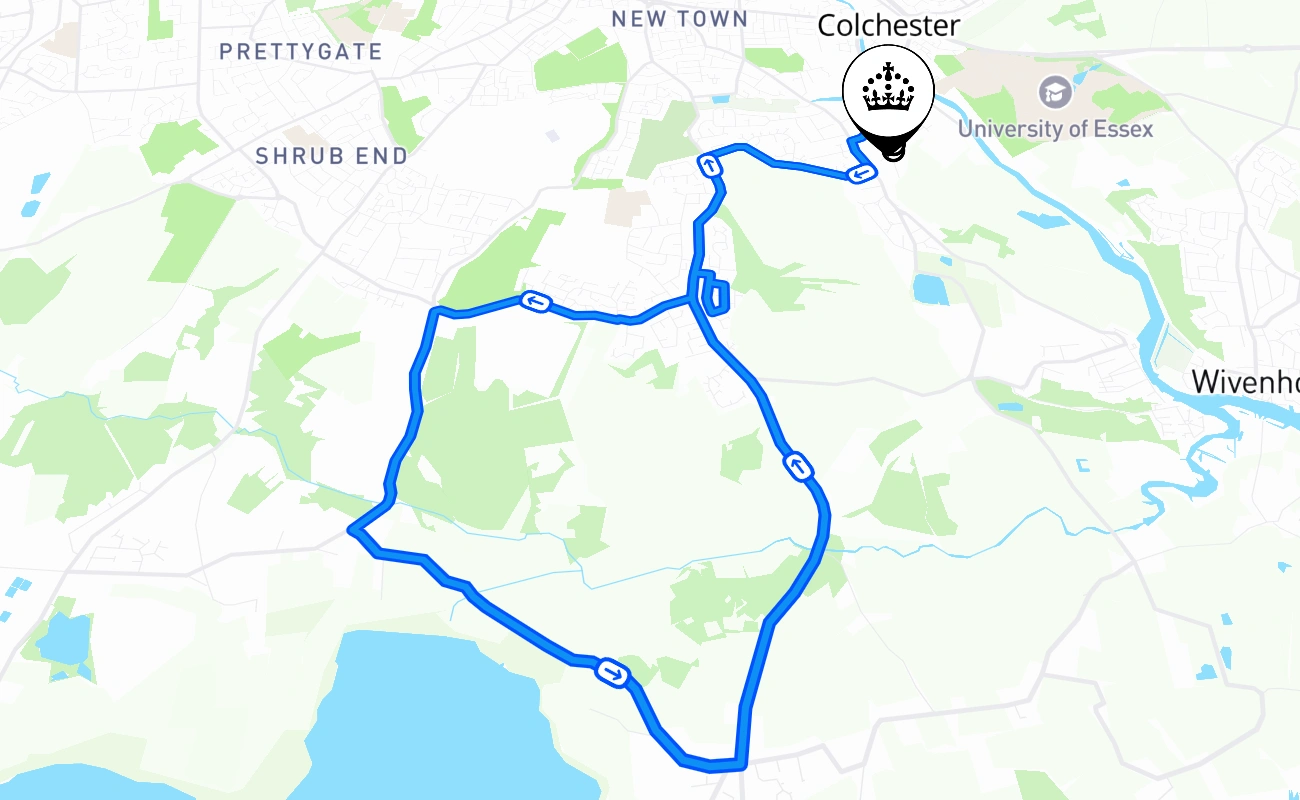 Colchester driving test route #400 map - ENG United Kingdom