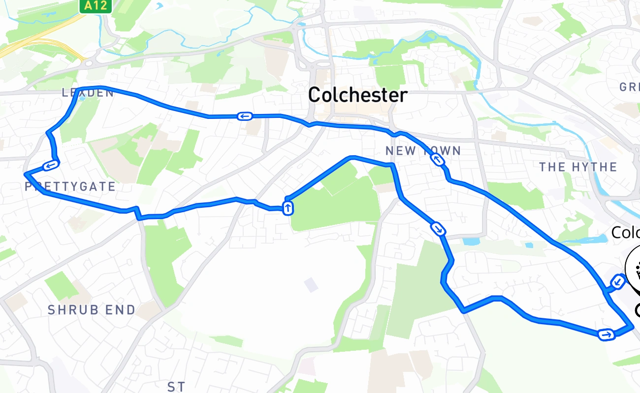 Colchester driving test route #2684 map - ENG United Kingdom