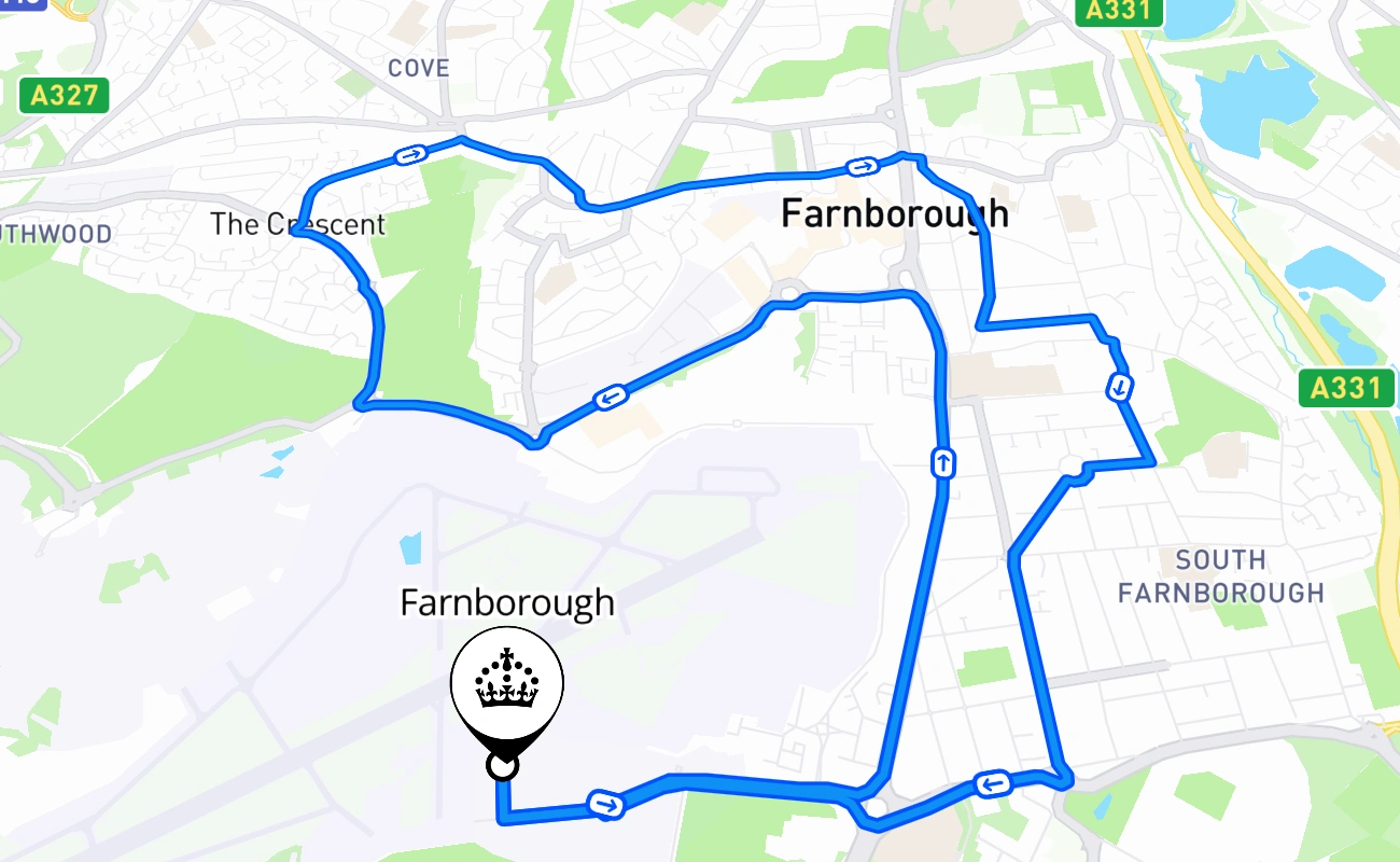 Farnborough driving test route #2050 map - ENG United Kingdom