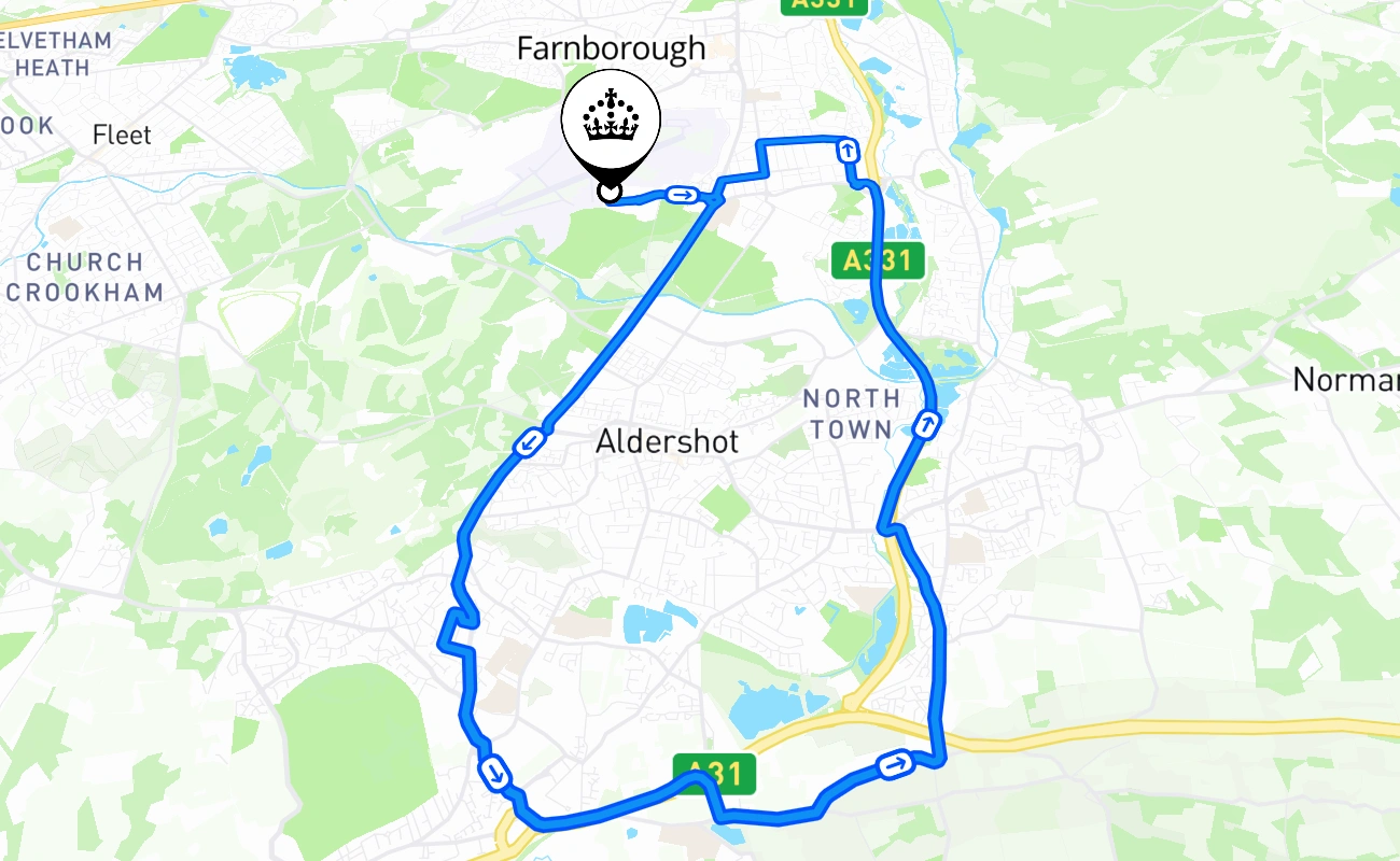 Farnborough driving test route #2051 map - ENG United Kingdom