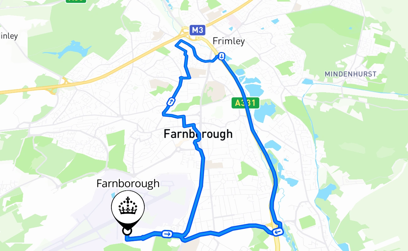 Farnborough driving test route #2052 map - ENG United Kingdom