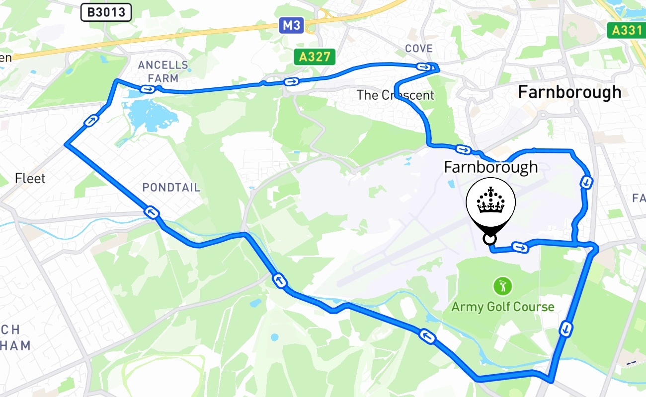 Farnborough driving test route #2053 map - ENG United Kingdom