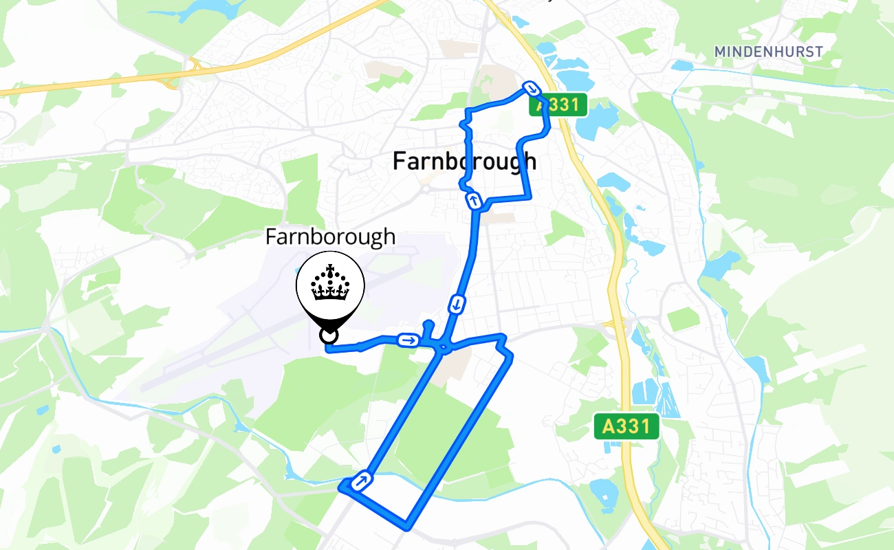 Farnborough driving test route #2054 map - ENG United Kingdom