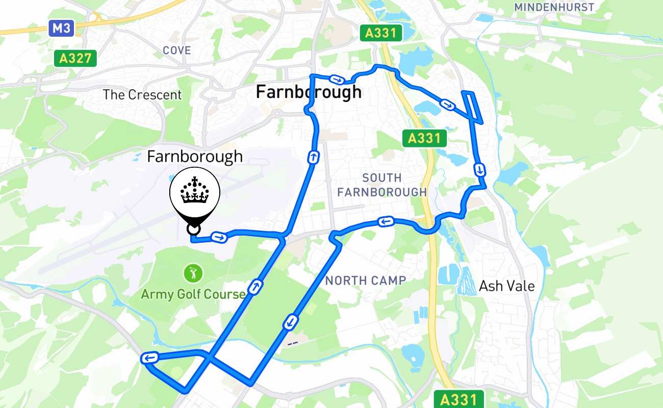 Farnborough driving test route #2055 map - ENG United Kingdom