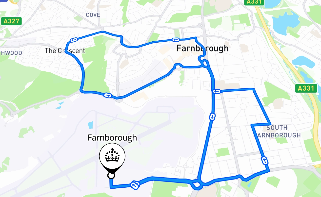 Farnborough driving test route #2056 map - ENG United Kingdom