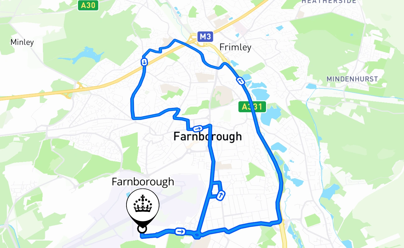 Farnborough driving test route #2057 map - ENG United Kingdom