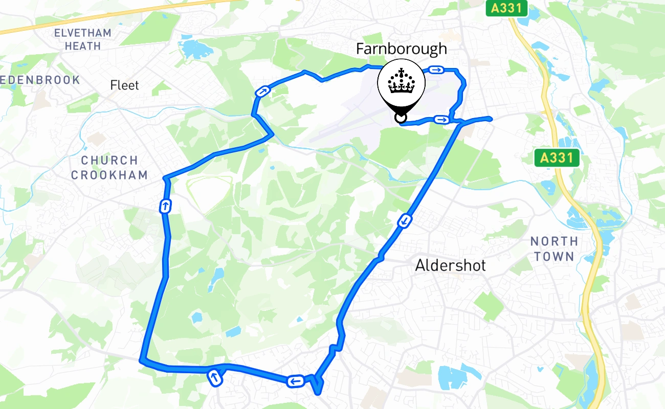 Farnborough driving test route #2058 map - ENG United Kingdom