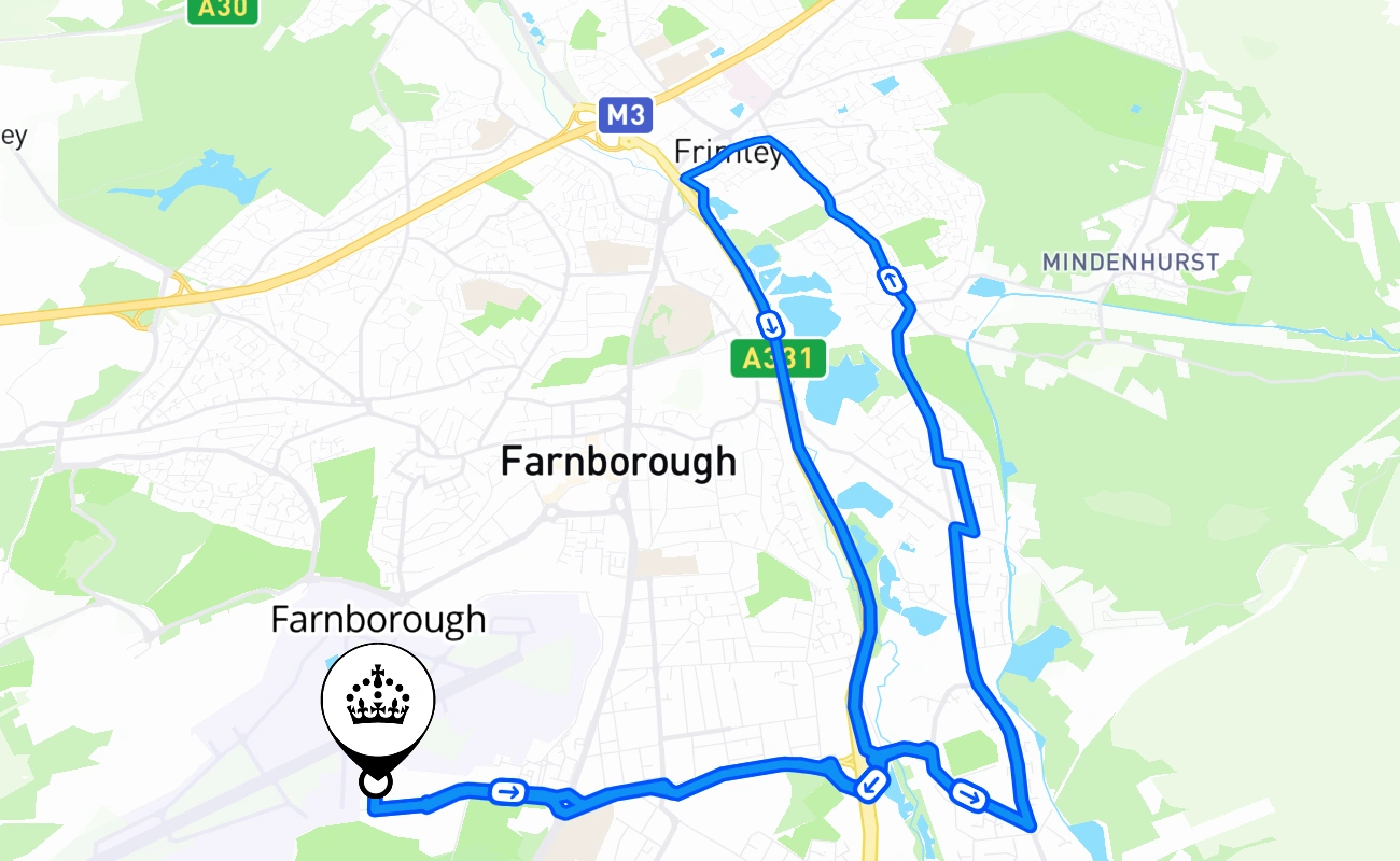 Farnborough driving test route #2061 map - ENG United Kingdom