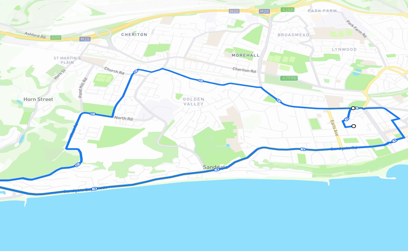 Folkestone driving test route #1308 map - ENG United Kingdom