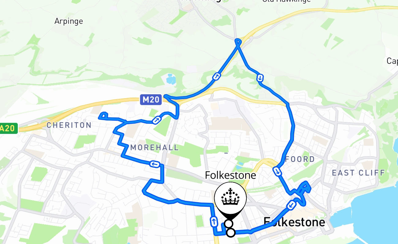Folkestone driving test route #1311 map - ENG United Kingdom