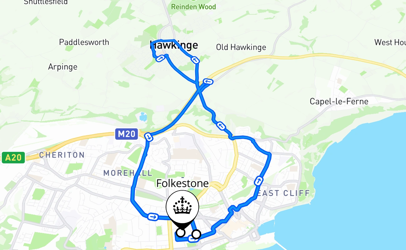 Folkestone driving test route #1314 map - ENG United Kingdom