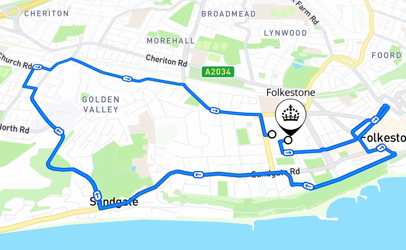 Folkestone driving test route #1316 map - ENG United Kingdom