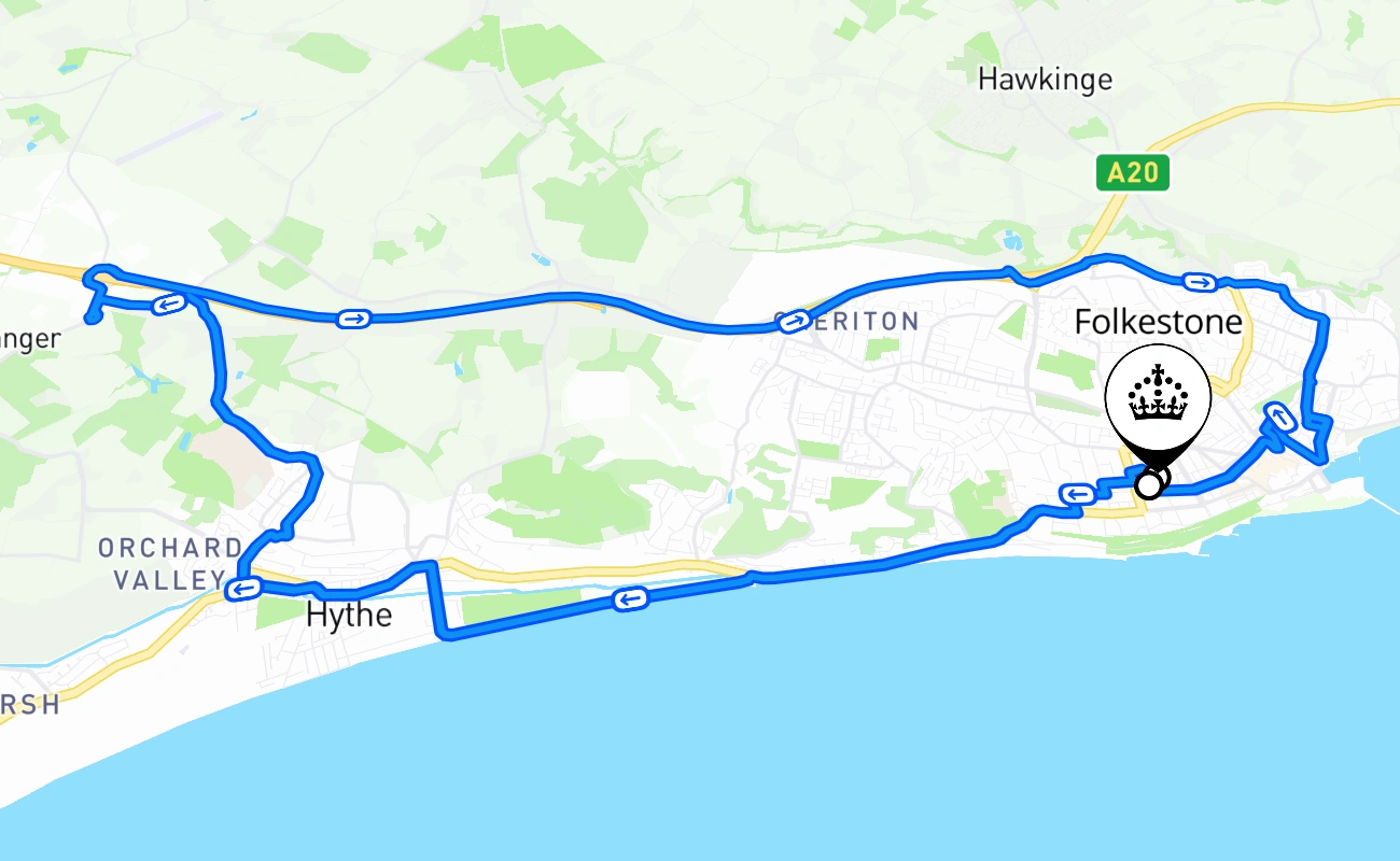 Folkestone driving test route #1317 map - ENG United Kingdom