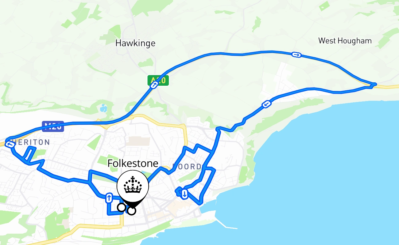 Folkestone driving test route #1318 map - ENG United Kingdom