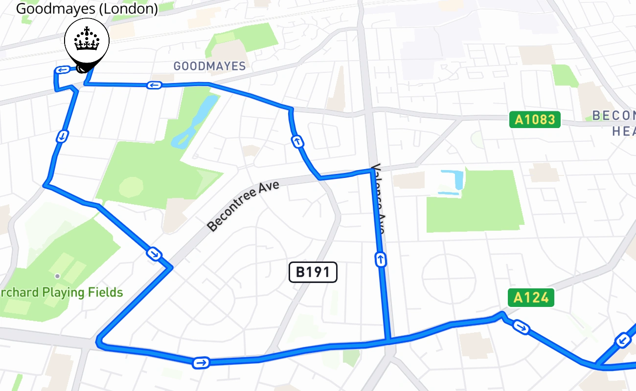 Goodmayes (London) driving test route #463 map - ENG United Kingdom