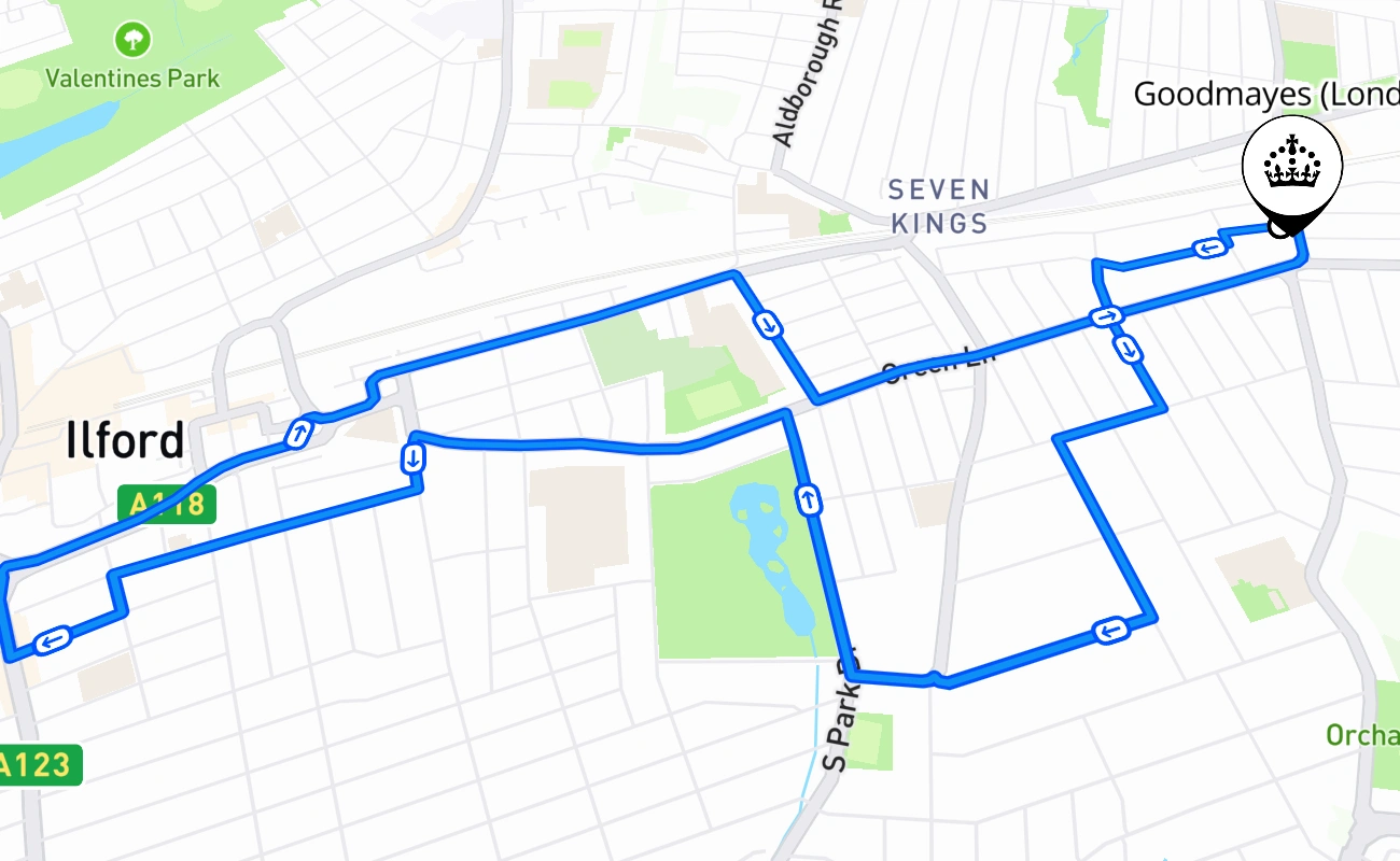 Goodmayes (London) driving test route #464 map - ENG United Kingdom