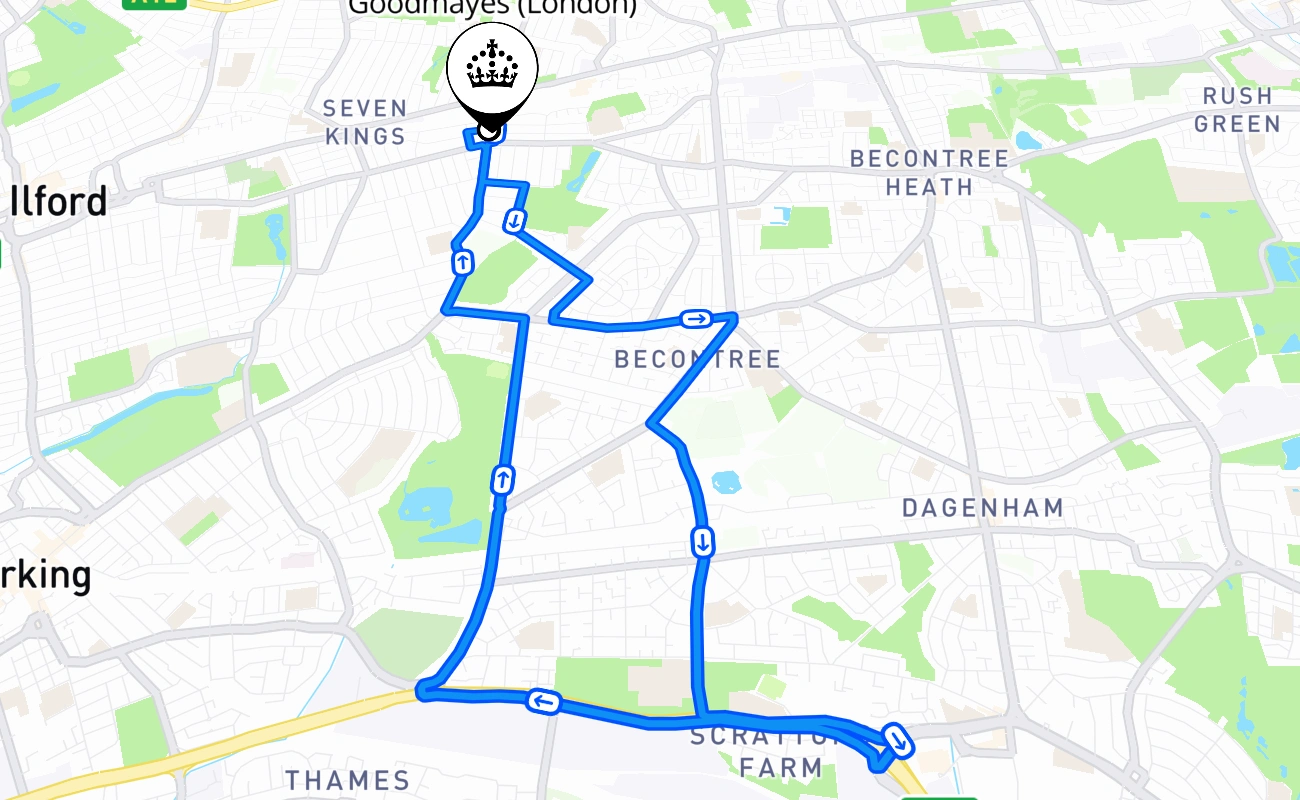 Goodmayes (London) driving test route #465 map - ENG United Kingdom