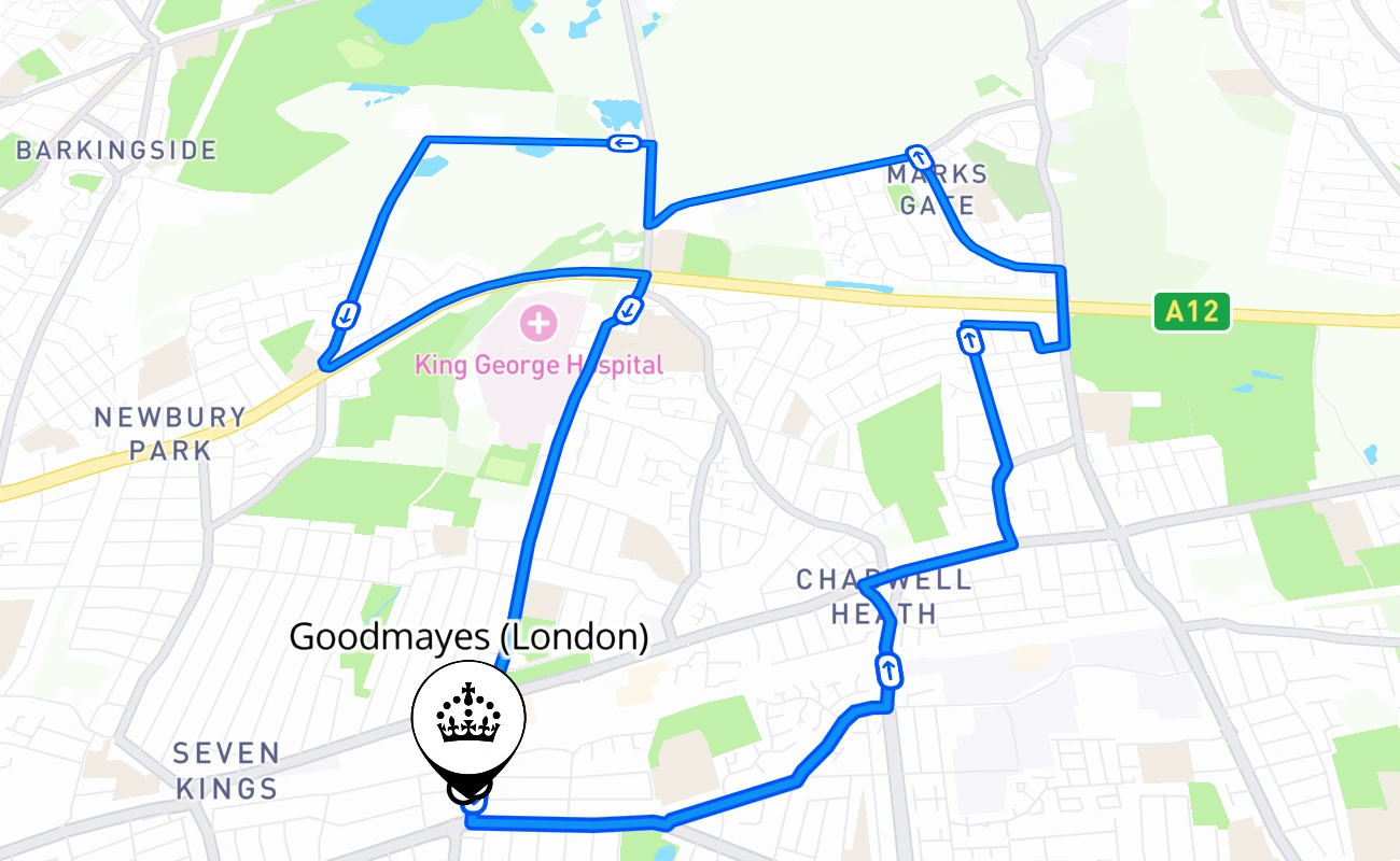 Goodmayes (London) driving test route #466 map - ENG United Kingdom