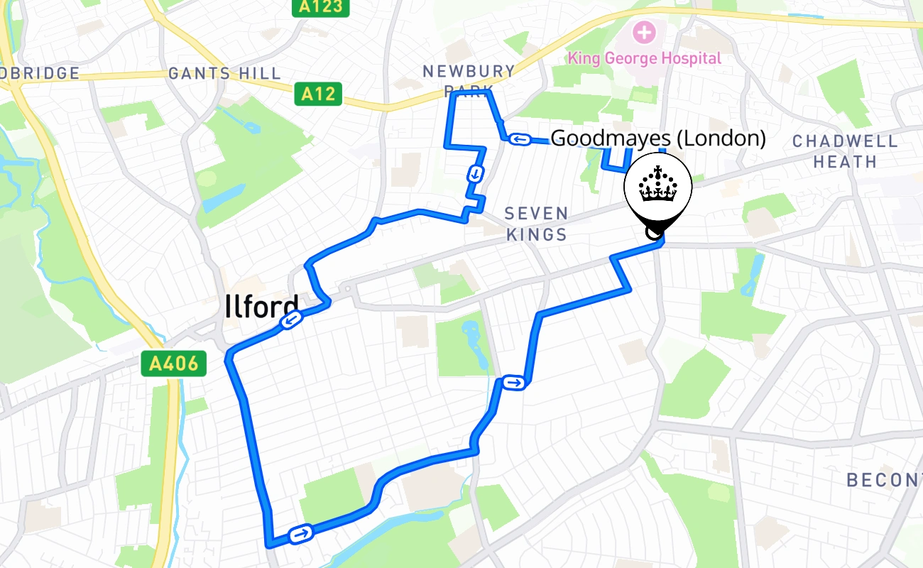 Goodmayes (London) driving test route #468 map - ENG United Kingdom