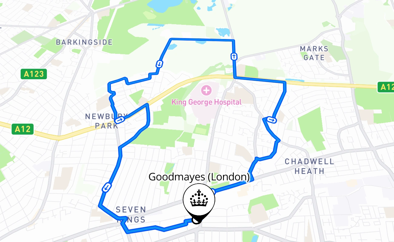 Goodmayes (London) driving test route #469 map - ENG United Kingdom