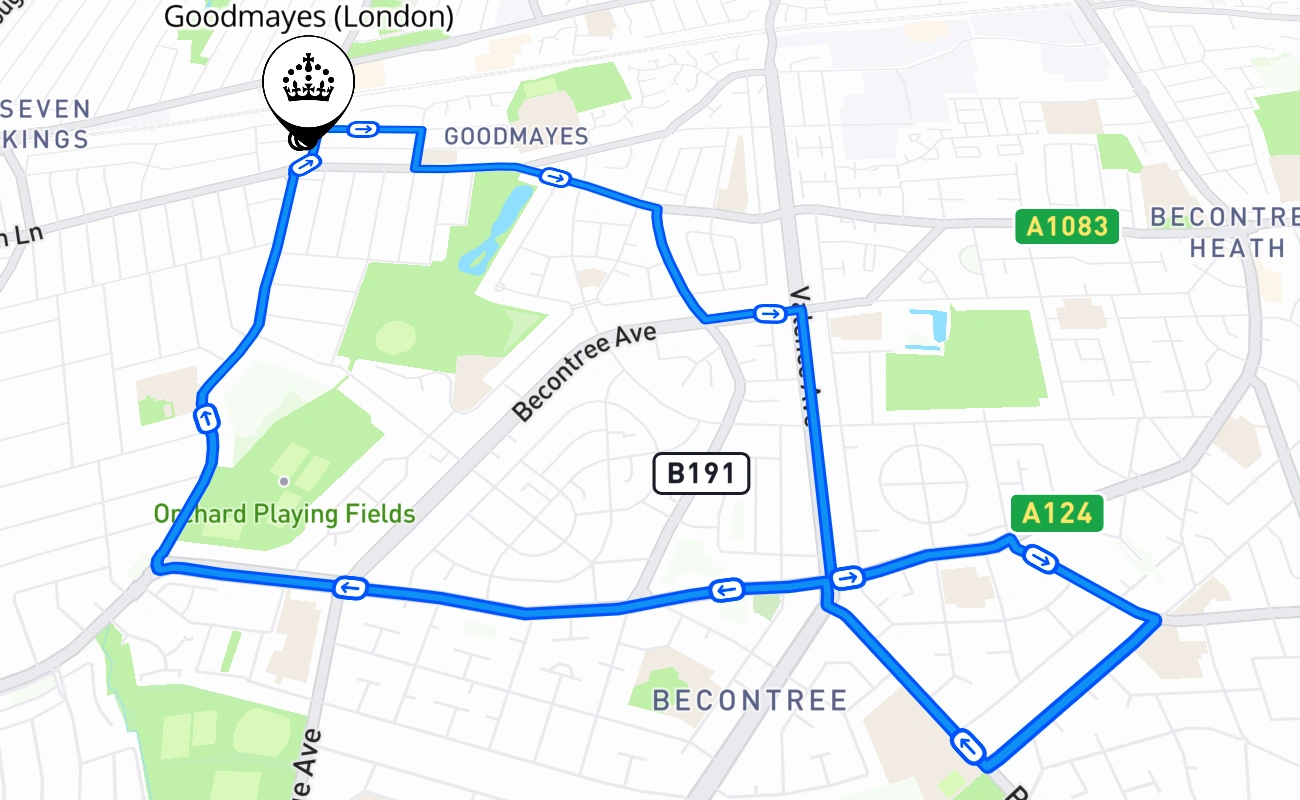 Goodmayes (London) driving test route #470 map - ENG United Kingdom