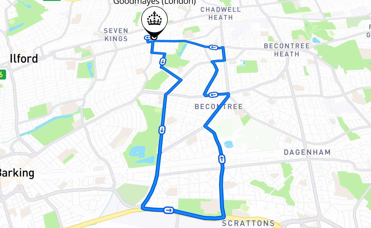 Goodmayes (London) driving test route #471 map - ENG United Kingdom
