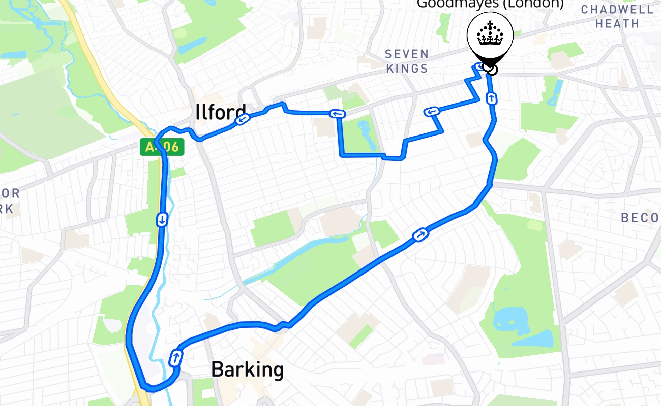 Goodmayes (London) driving test route #472 map - ENG United Kingdom