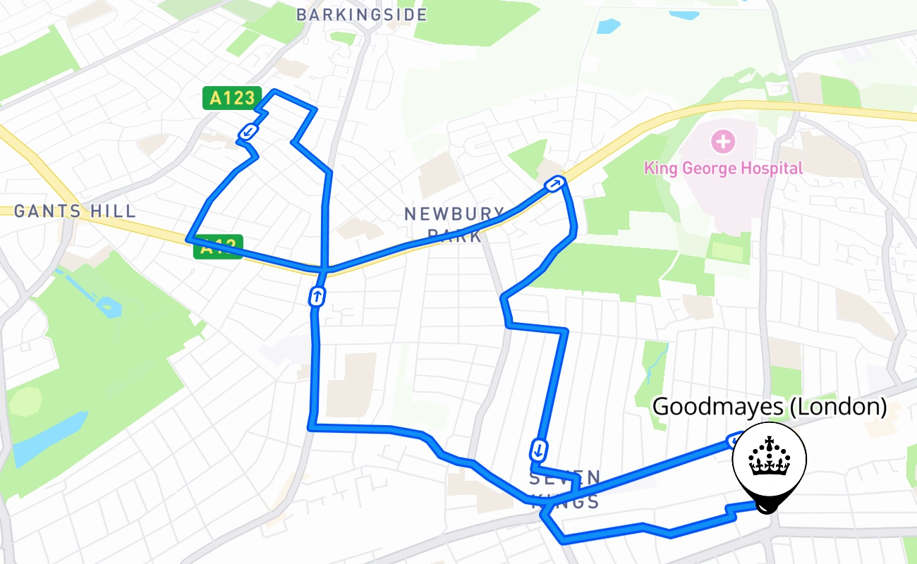 Goodmayes (London) driving test route #473 map - ENG United Kingdom