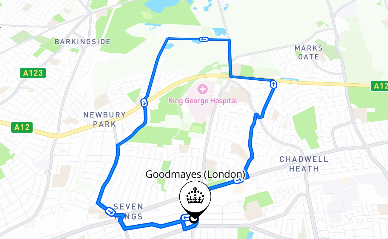 Goodmayes (London) driving test route #474 map - ENG United Kingdom