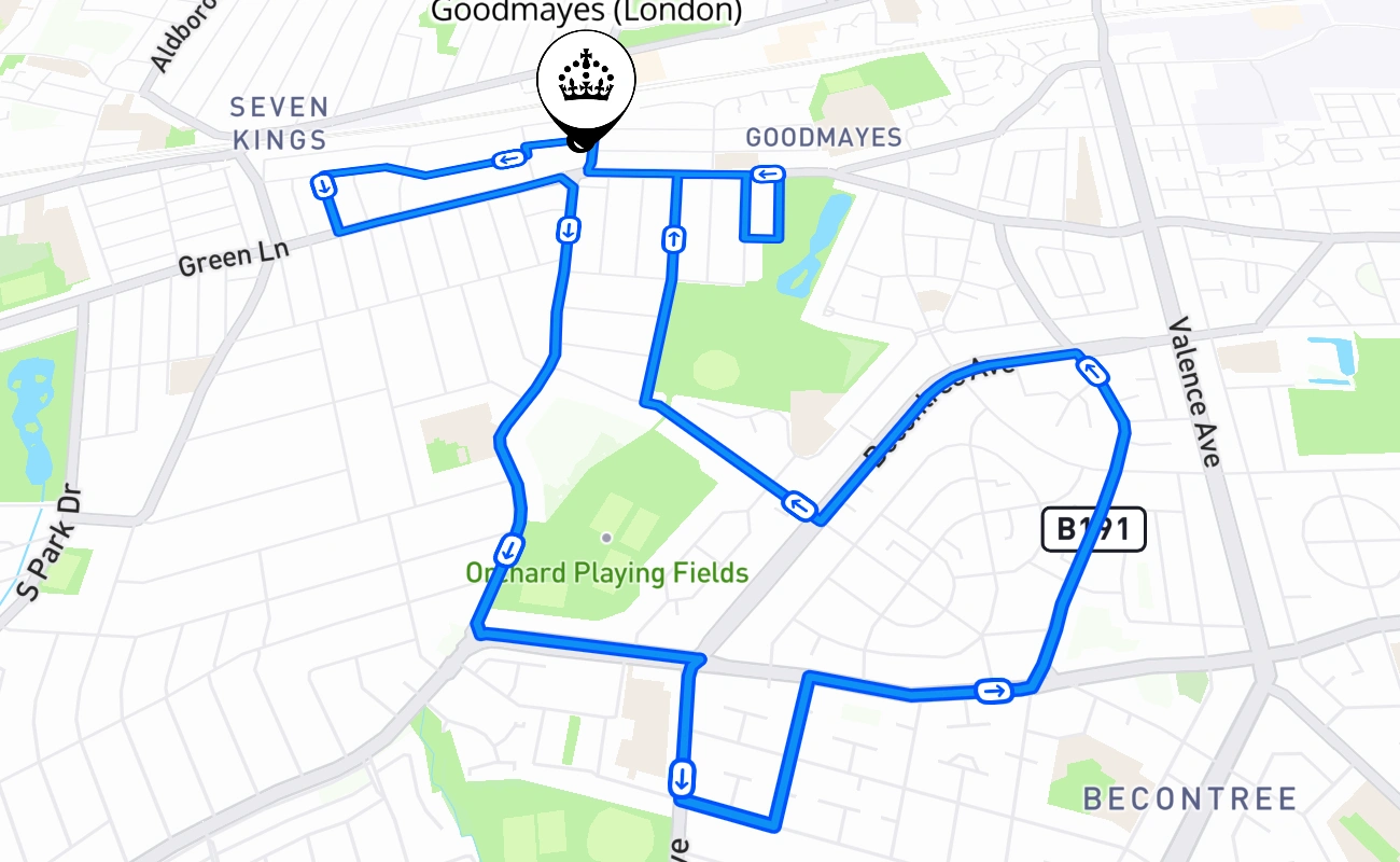Goodmayes (London) driving test route #1607 map - ENG United Kingdom