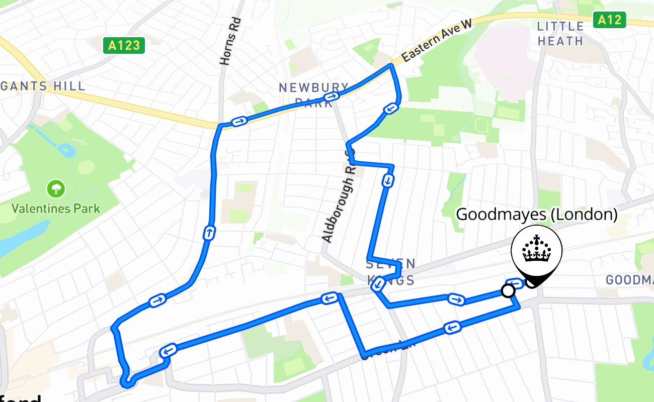 Goodmayes (London) driving test route #1608 map - ENG United Kingdom