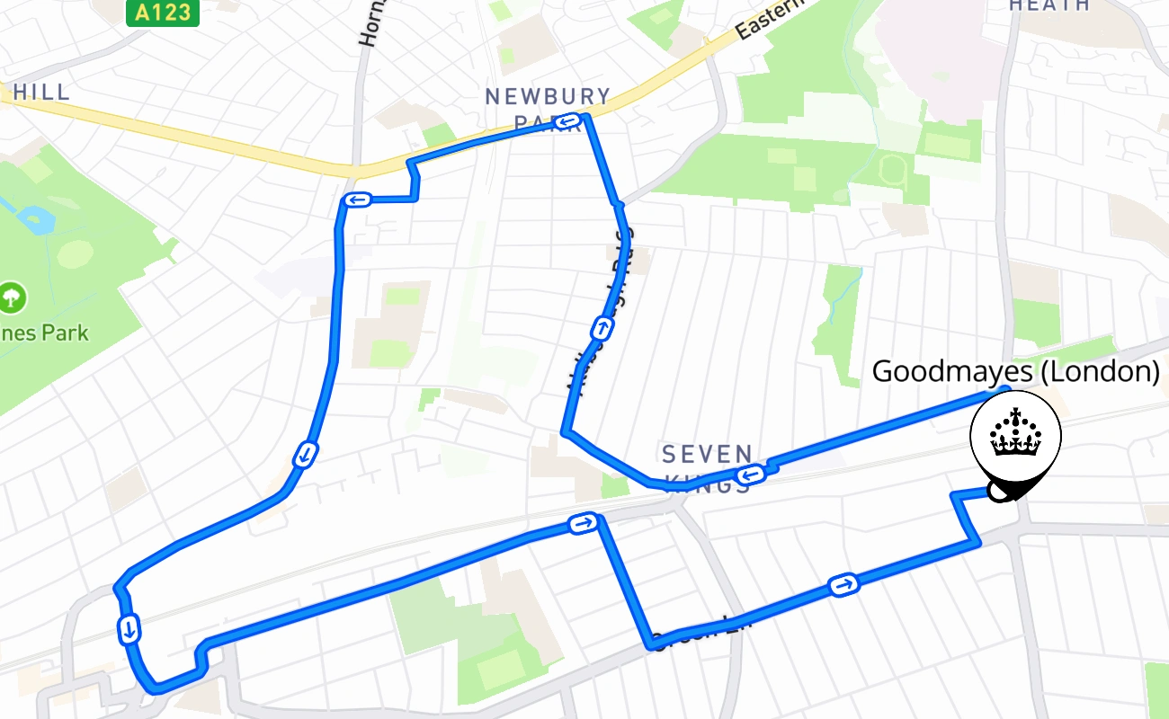 Goodmayes (London) driving test route #1609 map - ENG United Kingdom
