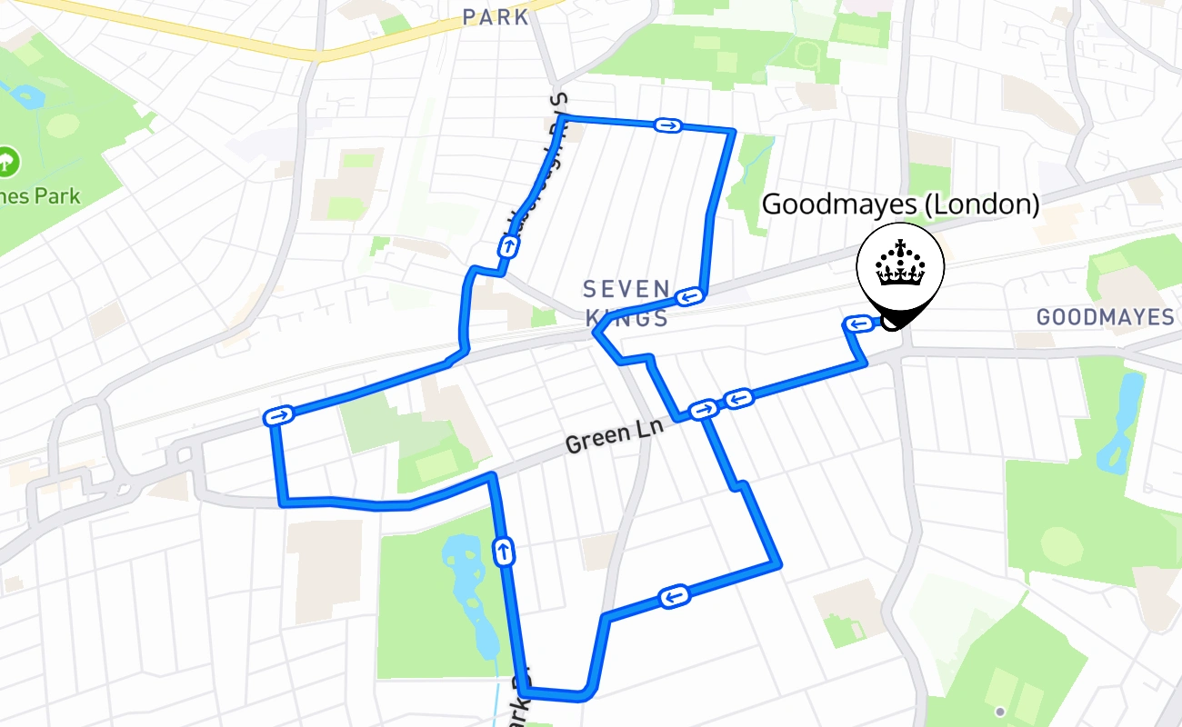 Goodmayes (London) driving test route #1610 map - ENG United Kingdom