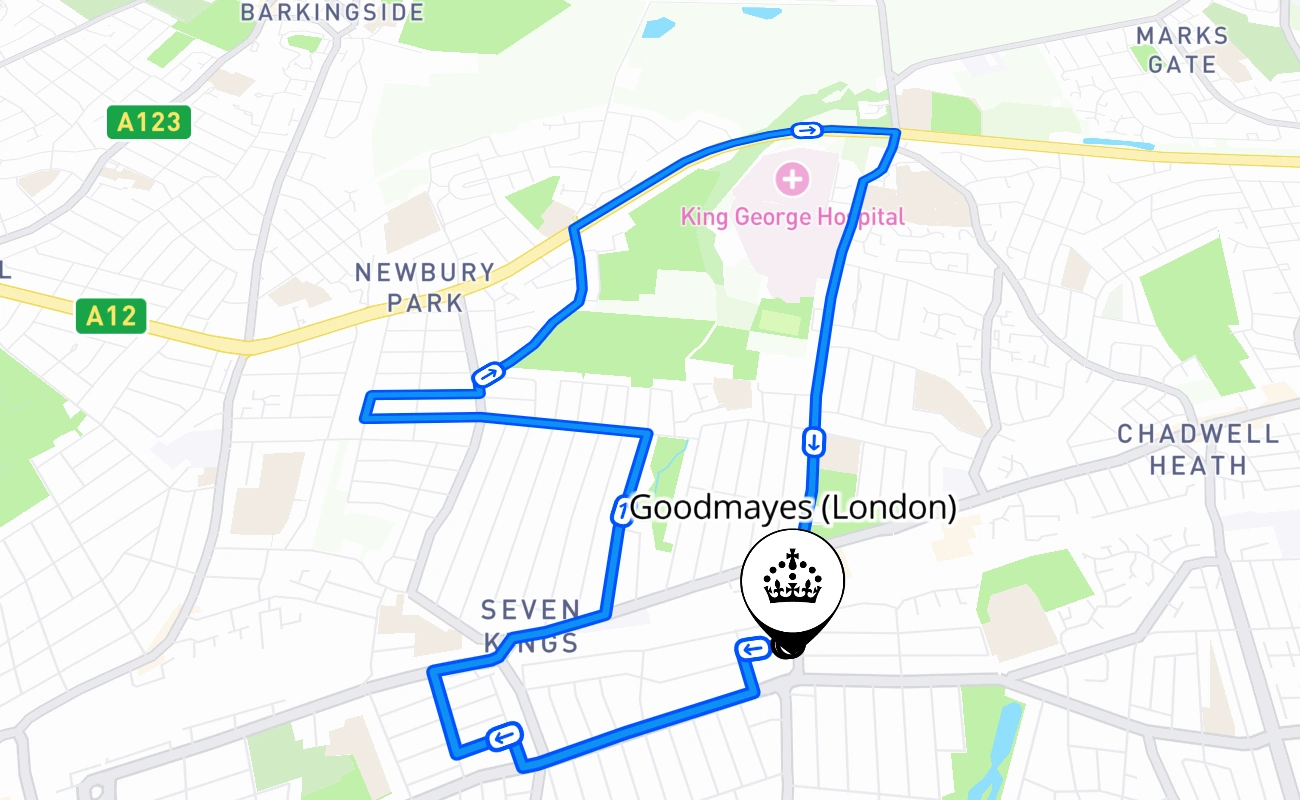 Goodmayes (London) driving test route #1611 map - ENG United Kingdom
