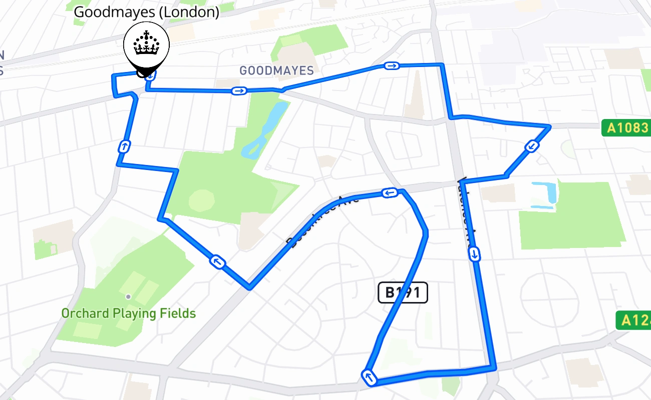 Goodmayes (London) driving test route #1613 map - ENG United Kingdom