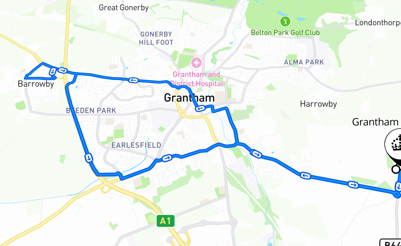 Grantham (Somerby) driving test route #2613 map - ENG United Kingdom