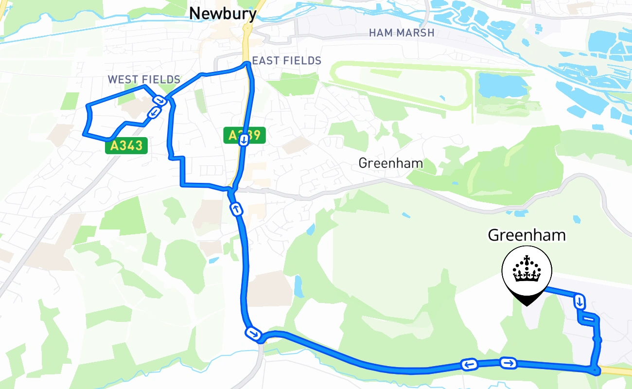 Greenham driving test route #1962 map - ENG United Kingdom
