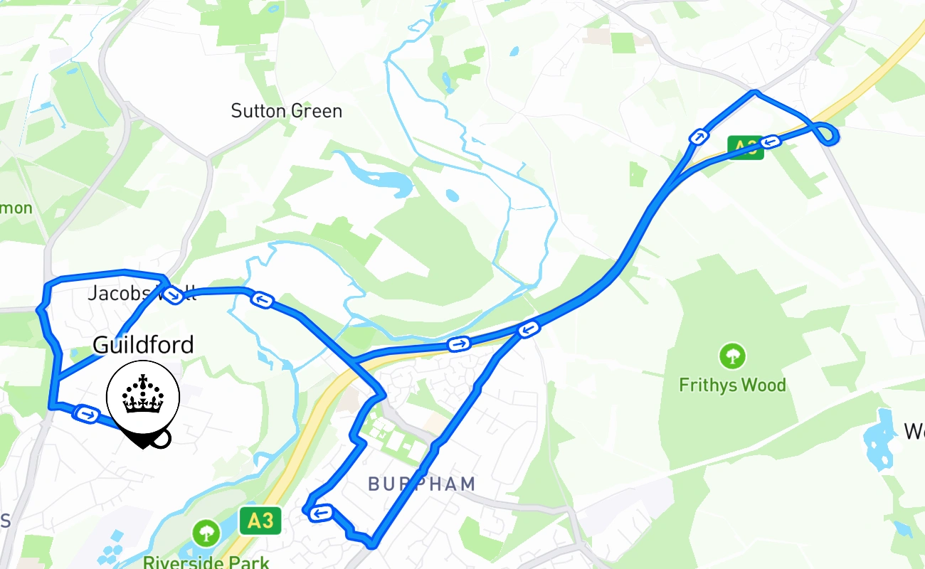 Guildford driving test route #1247 map - ENG United Kingdom